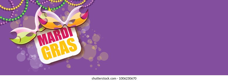 vector new orleans mardi gras vector violet horizontal banner background with blur lights, carnival mask and text. vector mardi gras party or fat tuesday purple poster design template
