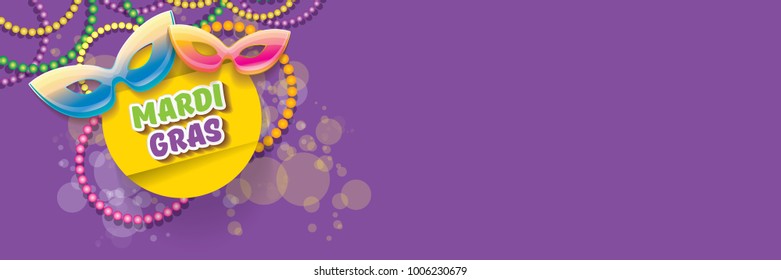 vector new orleans mardi gras vector violet horizontal banner background with blur lights, carnival mask and text. vector mardi gras party or fat tuesday purple poster design template