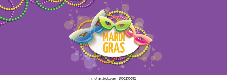 vector new orleans mardi gras vector violet horizontal banner background with blur lights, carnival mask and text. vector mardi gras party or fat tuesday purple poster design template