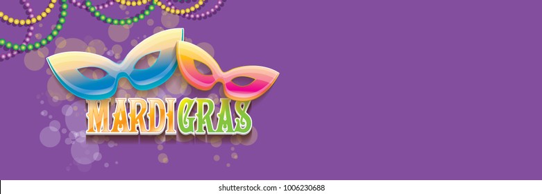 vector new orleans mardi gras vector violet horizontal banner background with blur lights, carnival mask and text. vector mardi gras party or fat tuesday purple poster design template