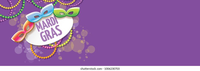 vector new orleans mardi gras vector violet horizontal banner background with blur lights, carnival mask and text. vector mardi gras party or fat tuesday purple poster design template