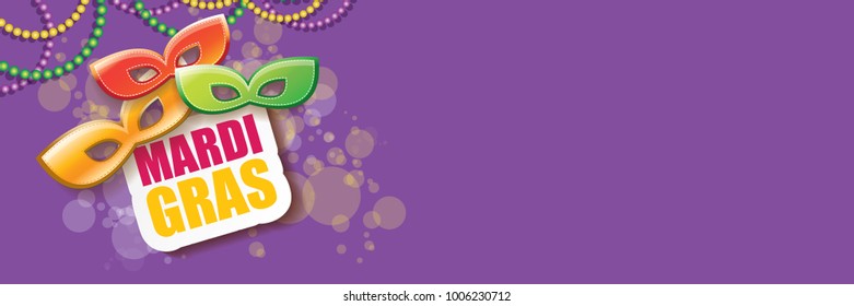 vector new orleans mardi gras vector violet horizontal banner background with blur lights, carnival mask and text. vector mardi gras party or fat tuesday purple poster design template