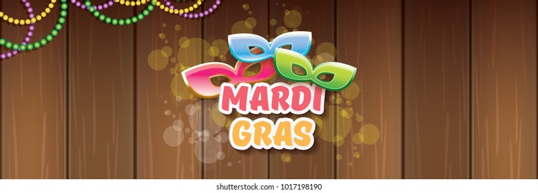 vector new orleans mardi gras vector horizontal banner background with blur lights, carnival mask and text on wooden backdrop. vector mardi gras party or fat tuesday purple poster design template