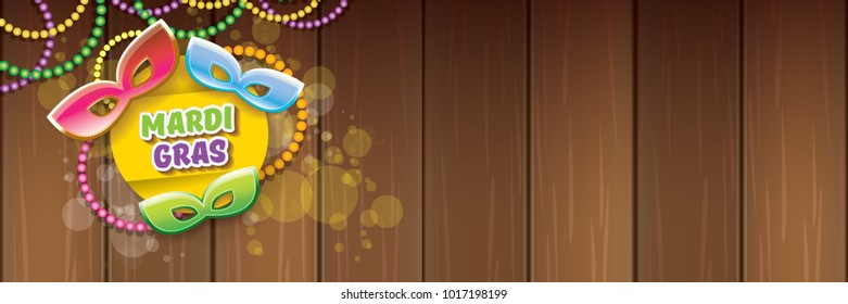 vector new orleans mardi gras vector horizontal banner background with blur lights, carnival mask and text on wooden backdrop. vector mardi gras party or fat tuesday purple poster design template