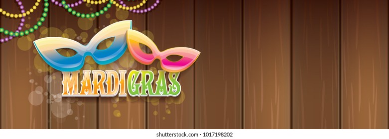 vector new orleans mardi gras vector horizontal banner background with blur lights, carnival mask and text on wooden backdrop. vector mardi gras party or fat tuesday purple poster design template