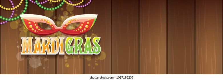 vector new orleans mardi gras vector horizontal banner background with blur lights, carnival mask and text on wooden backdrop. vector mardi gras party or fat tuesday purple poster design template