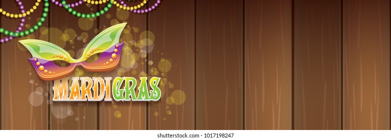 vector new orleans mardi gras vector horizontal banner background with blur lights, carnival mask and text on wooden backdrop. vector mardi gras party or fat tuesday purple poster design template