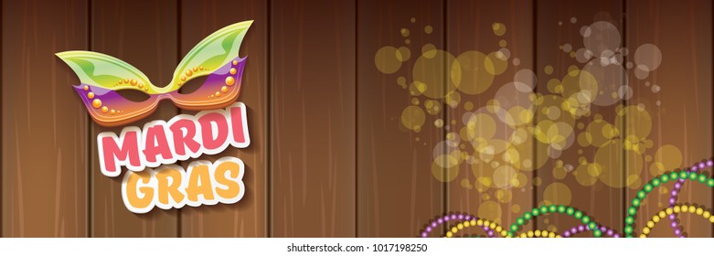vector new orleans mardi gras vector horizontal banner background with blur lights, carnival mask and text on wooden backdrop. vector mardi gras party or fat tuesday purple poster design template