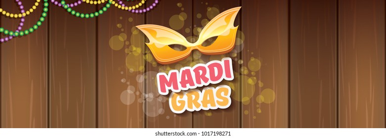 vector new orleans mardi gras vector horizontal banner background with blur lights, carnival mask and text on wooden backdrop. vector mardi gras party or fat tuesday purple poster design template