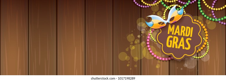 vector new orleans mardi gras vector horizontal banner background with blur lights, carnival mask and text on wooden backdrop. vector mardi gras party or fat tuesday purple poster design template