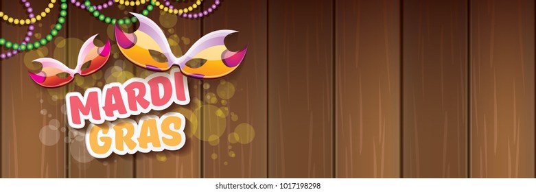 vector new orleans mardi gras vector horizontal banner background with blur lights, carnival mask and text on wooden backdrop. vector mardi gras party or fat tuesday purple poster design template