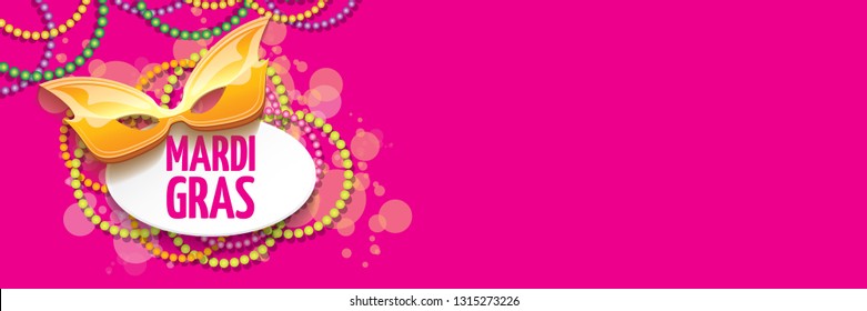 vector new orleans mardi gras vector horizontal banner background with blur lights, carnival mask and text. vector mardi gras party or fat tuesday pink poster design template - Shutterstock ID 1315273226