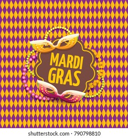 vector new orleans mardi gras vector pattern seamless background with carnival mask and text. vector mardi gras party or fat tuesday purple poster design template with space for text