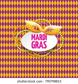 vector new orleans mardi gras vector pattern seamless background with carnival mask and text. vector mardi gras party or fat tuesday purple poster design template with space for text