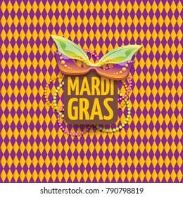 vector new orleans mardi gras vector pattern seamless background with carnival mask and text. vector mardi gras party or fat tuesday purple poster design template with space for text