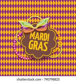 vector new orleans mardi gras vector pattern seamless background with carnival mask and text. vector mardi gras party or fat tuesday purple poster design template with space for text
