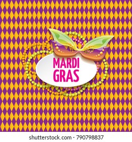 vector new orleans mardi gras vector pattern seamless background with carnival mask and text. vector mardi gras party or fat tuesday purple poster design template with space for text