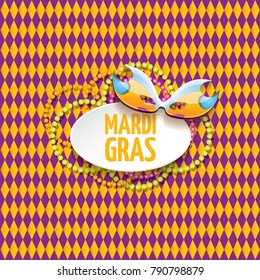 vector new orleans mardi gras vector pattern seamless background with carnival mask and text. vector mardi gras party or fat tuesday purple poster design template with space for text