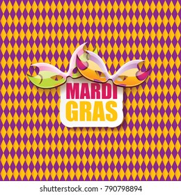 vector new orleans mardi gras vector pattern seamless background with carnival mask and text. vector mardi gras party or fat tuesday purple poster design template with space for text