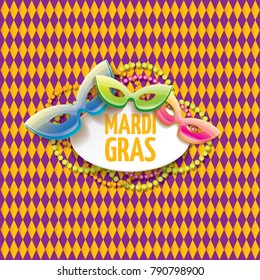 vector new orleans mardi gras vector pattern seamless background with carnival mask and text. vector mardi gras party or fat tuesday purple poster design template with space for text