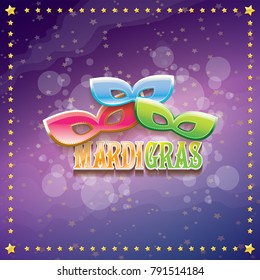 vector new orleans mardi gras vector violet background with golden stars, blur lights, carnival mask and text. vector mardi gras party or fat tuesday purple poster design template with space for text