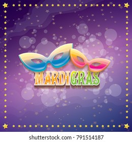 vector new orleans mardi gras vector violet background with golden stars, blur lights, carnival mask and text. vector mardi gras party or fat tuesday purple poster design template with space for text