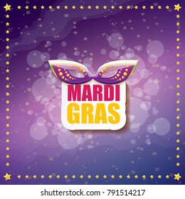 vector new orleans mardi gras vector violet background with golden stars, blur lights, carnival mask and text. vector mardi gras party or fat tuesday purple poster design template with space for text