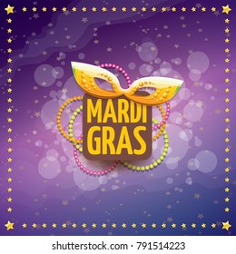 vector new orleans mardi gras vector violet background with golden stars, blur lights, carnival mask and text. vector mardi gras party or fat tuesday purple poster design template with space for text