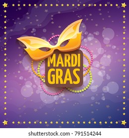 vector new orleans mardi gras vector violet background with golden stars, blur lights, carnival mask and text. vector mardi gras party or fat tuesday purple poster design template with space for text