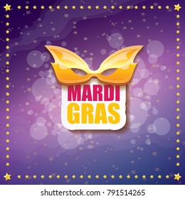 vector new orleans mardi gras vector violet background with golden stars, blur lights, carnival mask and text. vector mardi gras party or fat tuesday purple poster design template with space for text