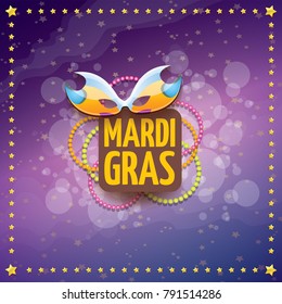 vector new orleans mardi gras vector violet background with golden stars, blur lights, carnival mask and text. vector mardi gras party or fat tuesday purple poster design template with space for text