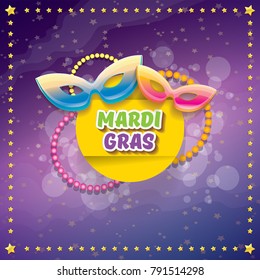 vector new orleans mardi gras vector violet background with golden stars, blur lights, carnival mask and text. vector mardi gras party or fat tuesday purple poster design template with space for text