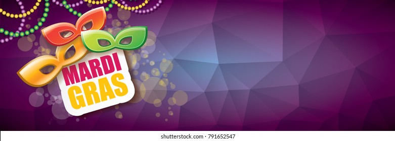 vector new orleans mardi gras vector violet horizontal banner background with blur lights, carnival mask and text. vector mardi gras party or fat tuesday purple poster design template 