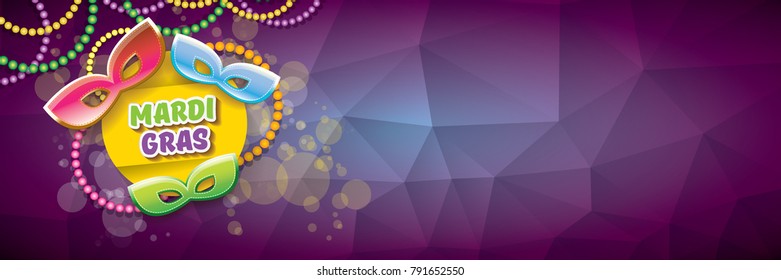 vector new orleans mardi gras vector violet horizontal banner background with blur lights, carnival mask and text. vector mardi gras party or fat tuesday purple poster design template 