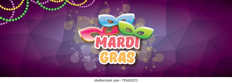 vector new orleans mardi gras vector violet horizontal banner background with blur lights, carnival mask and text. vector mardi gras party or fat tuesday purple poster design template 