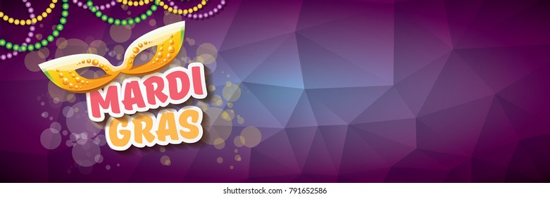 vector new orleans mardi gras vector violet horizontal banner background with blur lights, carnival mask and text. vector mardi gras party or fat tuesday purple poster design template 