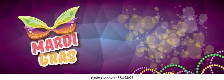 vector new orleans mardi gras vector violet horizontal banner background with blur lights, carnival mask and text. vector mardi gras party or fat tuesday purple poster design template 