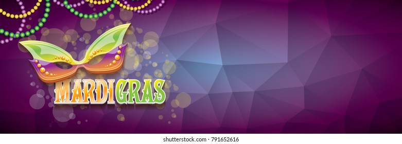 vector new orleans mardi gras vector violet horizontal banner background with blur lights, carnival mask and text. vector mardi gras party or fat tuesday purple poster design template 