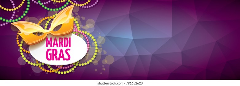 vector new orleans mardi gras vector violet horizontal banner background with blur lights, carnival mask and text. vector mardi gras party or fat tuesday purple poster design template 