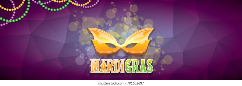 vector new orleans mardi gras vector violet horizontal banner background with blur lights, carnival mask and text. vector mardi gras party or fat tuesday purple poster design template 