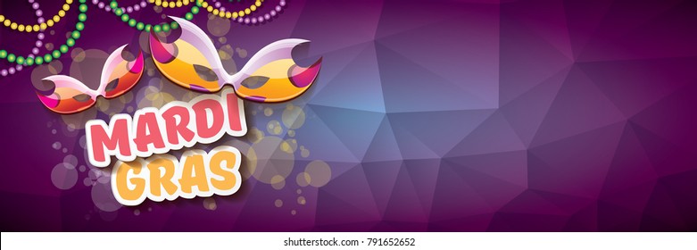 vector new orleans mardi gras vector violet horizontal banner background with blur lights, carnival mask and text. vector mardi gras party or fat tuesday purple poster design template 