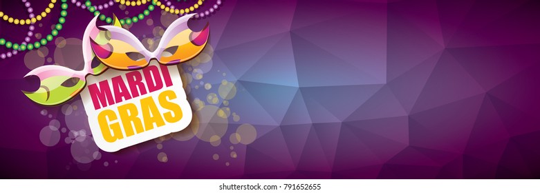 vector new orleans mardi gras vector violet horizontal banner background with blur lights, carnival mask and text. vector mardi gras party or fat tuesday purple poster design template 