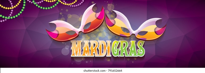 vector new orleans mardi gras vector violet horizontal banner background with blur lights, carnival mask and text. vector mardi gras party or fat tuesday purple poster design template 
