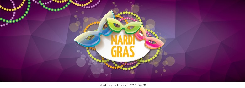 vector new orleans mardi gras vector violet horizontal banner background with blur lights, carnival mask and text. vector mardi gras party or fat tuesday purple poster design template 