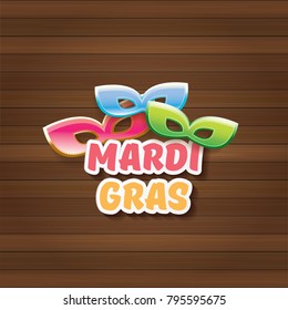 vector new orleans mardi gras carnival label with mask and text on wooden wall background. vector mardi gras party or fat tuesday poster design template with space for text