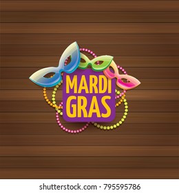 vector new orleans mardi gras carnival label with mask and text on wooden wall background. vector mardi gras party or fat tuesday poster design template with space for text