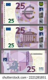 Vector new paper game money in the style of the European Union. Lilac 25 euro banknote with retro building and bridge. Obverse and reverse