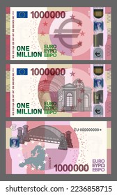 Vector new paper game money in the style of the European Union. One million euro banknote with retro building, windows and bridge. Obverse and reverse