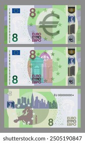 Vector new paper game money in style of European Union. Lucky 8 euro banknote with retro building, windows and bridge. Obverse and reverse. Fortune eight. Good luck.