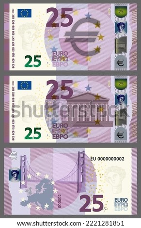 Vector new paper game money in the style of the European Union. Lilac 25 euro banknote with retro building and bridge. Obverse and reverse